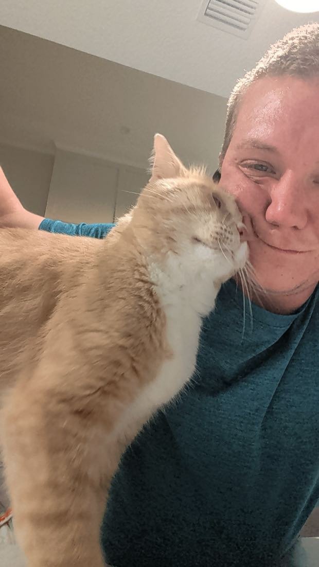 A ginger cat nuzzling George's cheek